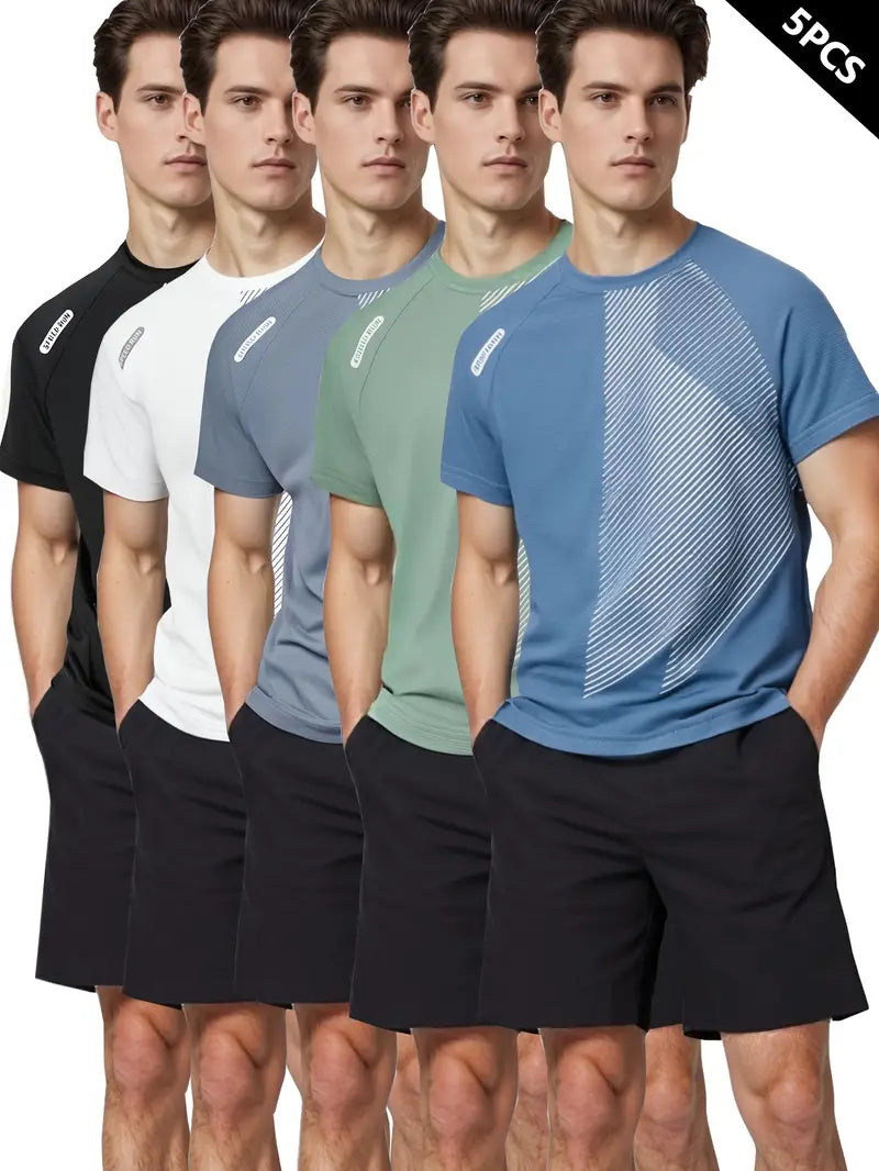 5pcs Men's Casual Short Sleeve T-Shirts - Breathable Summer Fabric with Moisture-Wicking